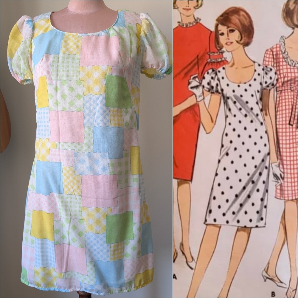 Handmade 60s Style Babydoll Dress Mod Twee 70s Pastel Patchwork Print